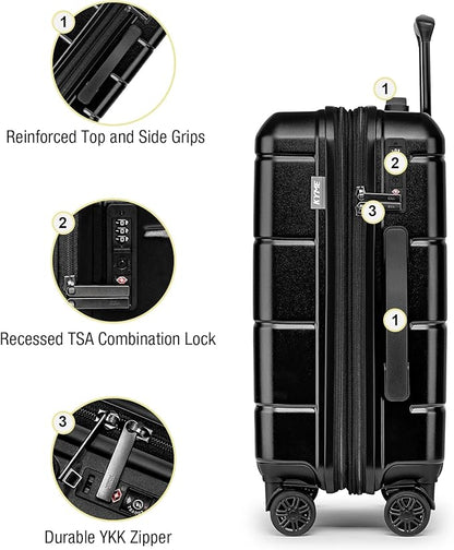 KYME Carry On Luggage 22x14x9 Airline Approved Expandable Hardshell 20 Inch Luggage with TSA Lock Carry-On Suitcase with Wheels Small Travel Rolling Luggage with Cup Holder Black
