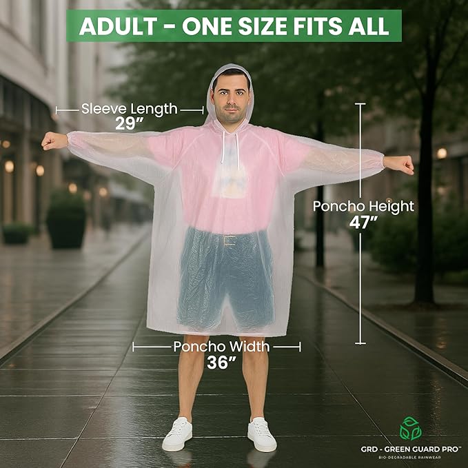 Eco-Friendly Rain Ponchos - Bio-degradable Disposable Clear Poncho with Drawstrings and Adjustable Hood, Family Pack of 5