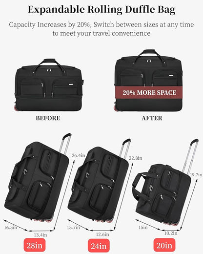 Expandable Rolling Duffle Bag with Wheels, 24" Foldable Carry On Luggage Suitcases, Water-Resistant Travel Duffle Bag Carry On Suitcase Weekend Bag for Women Men