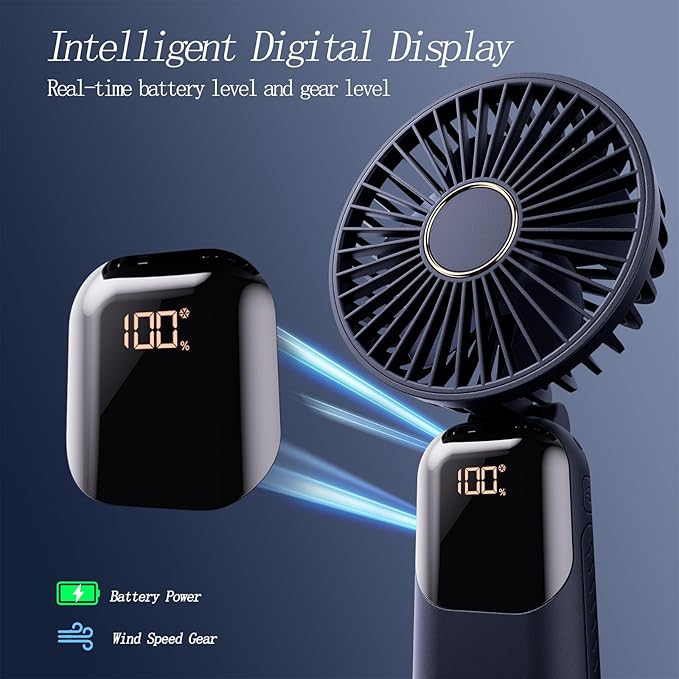 Portable Fan, 4200mAh Battery Operated Fan, 5 Speeds&Digital Display, Makeup Fans for Women with Base, 180°Foldable 3in1 Handheld/Neck/Desk Fan for Outdoor Indoor,Ultra Quiet (Blue)