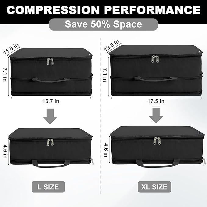 Compression Packing Cubes for Travel Essentials, 2 Set Expandable Travel Cubes for Packing Bags Suitcase Organizer, XL, Black