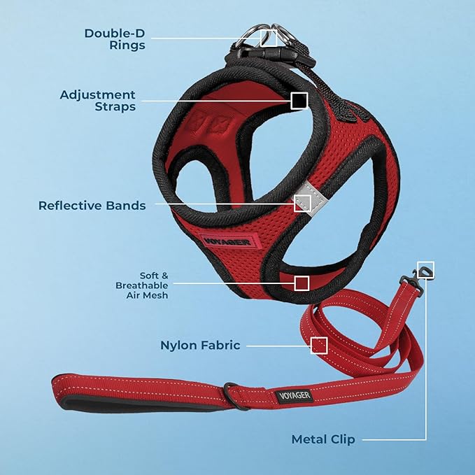 Voyager Step-in Air All Weather Mesh Harness and Reflective Dog 5 ft Leash Combo with Neoprene Handle, for Small, Medium and Large Breed Puppies by Best Pet Supplies - Red/Black Trim, Medium