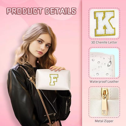 TOPEAST Monogrammed Gift for Women Girls, Personalized Initial Makeup Bags Cosmetic Bag with Zipper, Cute Makeup Pouch, PU Leather Waterproof Toiletry Bag, Preppy Gifts Stuff for Girl (White E)