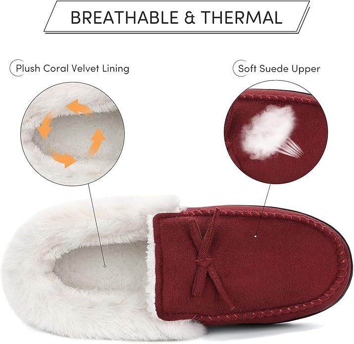 Mishansha Women's House Shoes Memory Foam Suede Moccasin Slippers Winter Warm Fleece Lined Home Shoes with Anti-Skid Rubber Sole
