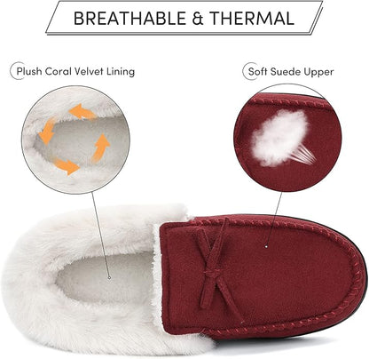Mishansha Women's House Shoes Memory Foam Suede Moccasin Slippers Winter Warm Fleece Lined Home Shoes with Anti-Skid Rubber Sole