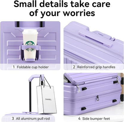 ROAMING 20 Inch Carry On Luggage Expandable Front Opening Rolling Vacation Suitcase with Spinner Wheels and TSA Lock Cup Holder PC Hard Shell Travel Trolley Case for Shout Business Trips purple