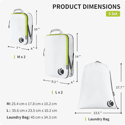 Cipway - 5 Set Compression Packing Cubes for Travel, Ultralight Packing Organizers for Luggage Suitcase & Backpack (White), L
