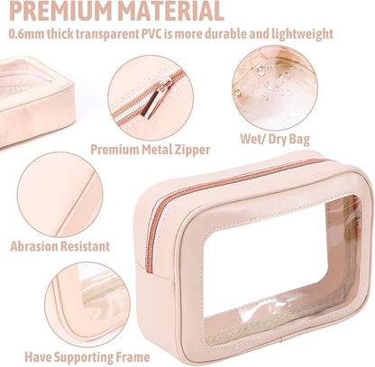 3Pack Clear Toiletry Bag,TSA Approved Travel Makeup Pouch with Zipper for Cosmetics and Toiletries，Diaper Bag Organizer Pouch Set，Women's Purse Organizer and Clear Car Bag