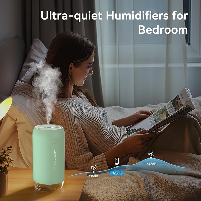 Portable Mini Humidifier, KQLKJ 350ml Small Cool Mist Humidifier, USB Personal Desktop Humidifiers for Bedroom Car Office Travel with Auto Shut-Off & 2 Mist Modes (Green)