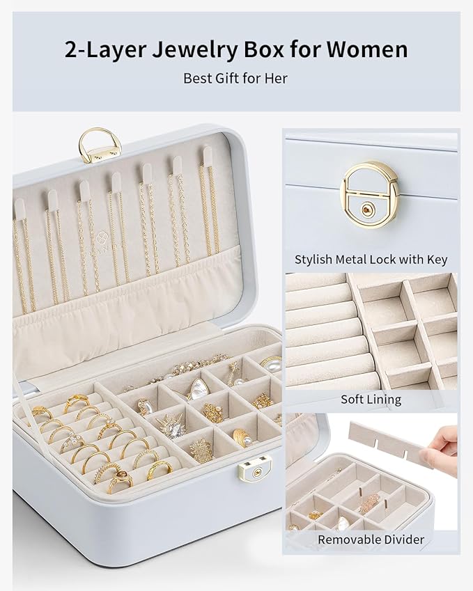 Vlando Jewelry Box Organizer for Women Girl,Lockable Jewelry Case Boxes with 2 Layers,Earrings Necklace,Rings Storage,Gift Box Packaging,Wedding Birthday Gifts Ideas Blue