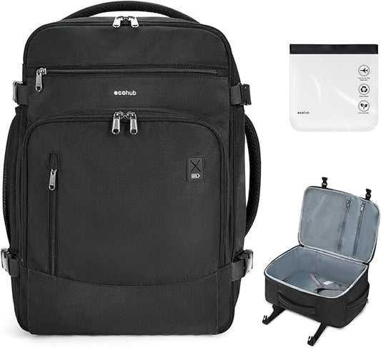 ECOHUB Travel Backpack for Men, 18x14x8 Spirit Airlines Personal Item Bag with Clear Toiletry Bag, Laptop Carry on Backpack with USB Port, Airline Approved Under Seat 14 Pockets 30L, Black