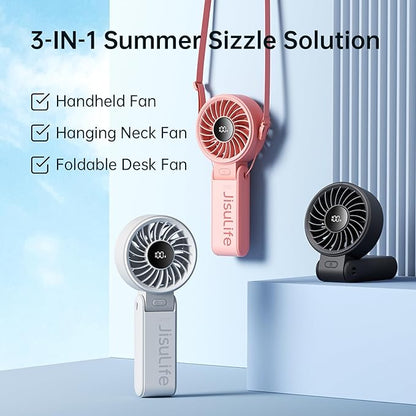 JISULIFE Handheld Fan Life7 – Ultimate Flexibility: High-Power Motor, LED Display, 3600mAh Rechargeable, 5-Speed, Foldable Design, 3-IN-1 Portable Hand/Desk/Neck Fan for Travel, Gift for Women (Grey)