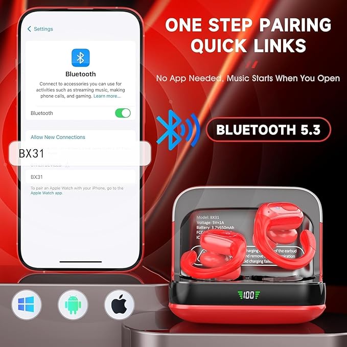 Wireless Earbuds Headphones Bluetooth 5.4, Noise Canceling Ear Buds with 75hr Playtime, IPX7 Waterproof Earphones Over-Ear Earphones for Sports/Workouts, LED Power Display - Red
