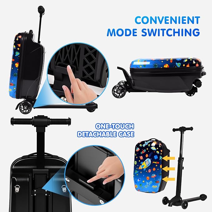 smilesun 4-in-1 Detachable Scooter Luggage for Kids & Teens, Foldable Hardside Ride On Suitcase with Wheels, Stylish and Safe Design(Navy Blue)