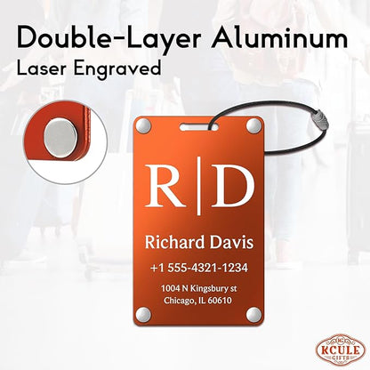 Personalized Luggage Tags for Suitcases - Monogram Style Aluminum Custom Luggage Tags for Backpacks & Bags, Sturdy, Waterproof & Heavy Duty (Orange/Card-Sized)