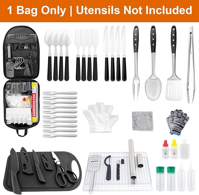 Camp Kitchen Organizer, Multi-Pocket Camping Cooking Utensils Set Bag, Waterproof Portable Silverware Plates Storage for BBQ Outdoor Cookware Kit Essentials, RV Kitchen Supplies Must Haves