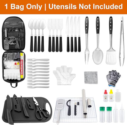 Camp Kitchen Organizer, Multi-Pocket Camping Cooking Utensils Set Bag, Waterproof Portable Silverware Plates Storage for BBQ Outdoor Cookware Kit Essentials, RV Kitchen Supplies Must Haves