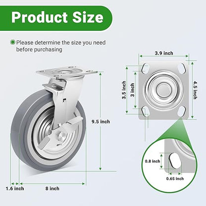 Nefish 8 Inch Heavy Duty Casters Wheels, Industrial Grade Thermoplastic Rubber Casters with Brake 6000 LBS, Ball Bearing Plate Swivel Castors Set of 4, Casters Wheels for Hand Truck, Industrial