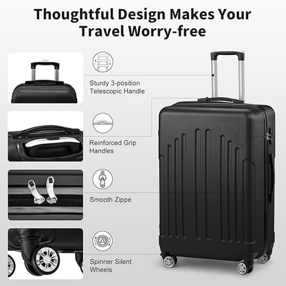 Karl home 24in Checked Luggage with TSA Lock, ABS Hardshell Check-in Suitcase with Spinner Wheels, Durable Medium Suitcase Rolling Luggage for Business Travel, Black