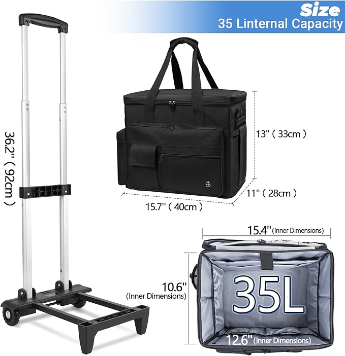 Rolling Teacher Bag, Rolling Briefcase with Detachable Trolley, Large capacity rolling bag with Laptop compartment, Adjustable Shoulder Strap, and Ample Storage Space