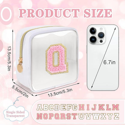 Mini Clear Personalized Initial Makeup Bag,Small Nylon Waterproof Zip Beach Cosmetic Pouch,Preppy A-Z Chenille Letter Patch Cute Coin Purse Travel Toiletry Bag Car Pack Bag for Women(White-Pink Q)