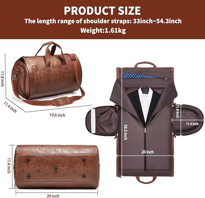Leather Garment Bag，Convertible Garment Duffel Bag for Travel Mens Suit Bag 2 in 1 Waterproof Foldable Carry on Garment Bag with Shoulder Strap Weekender Bag with Shoe Pouch