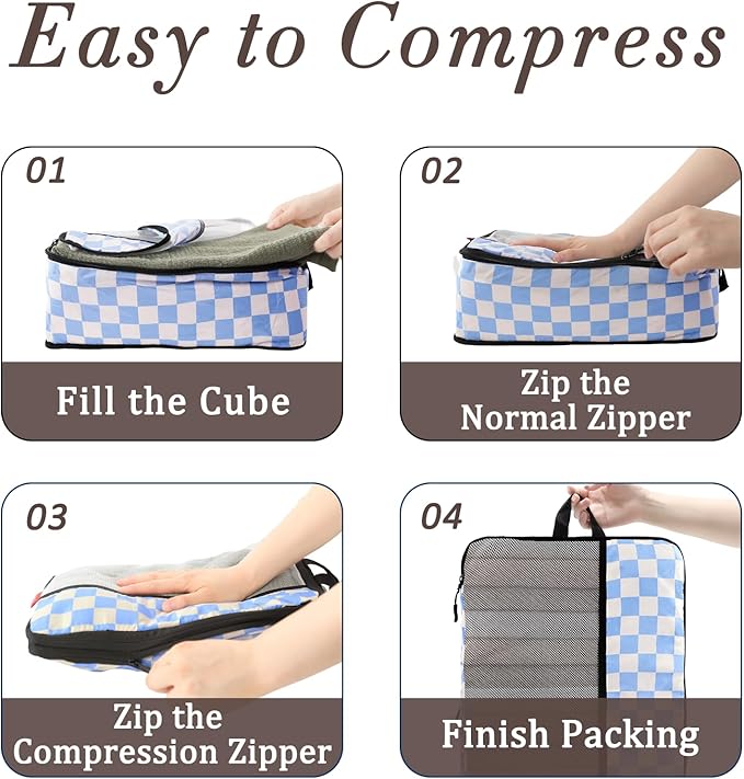U+U 8 Set Compression Packing Cubes - Ultralight Travel Organizers with Laundry Bag and Cosmetic Bag, Space-Saving Suitcase Organizer for Travel, Business Trip and Family Vacation (Blue Checkered)