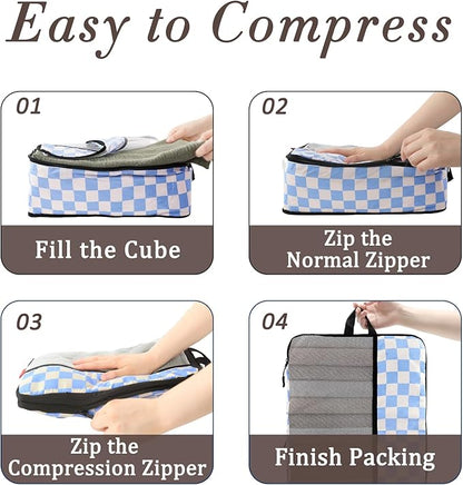 U+U 8 Set Compression Packing Cubes - Ultralight Travel Organizers with Laundry Bag and Cosmetic Bag, Space-Saving Suitcase Organizer for Travel, Business Trip and Family Vacation (Blue Checkered)
