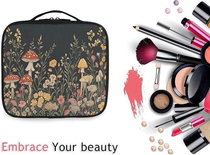 MNSRUU Travel Makeup Bag, Vintage Wildflower Mushrooms Women Makeup Case Organizer Cosmetic Toiletry Bag for Teenage Girl with Adjustable Dividers