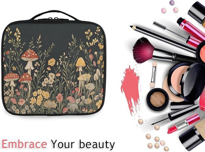 MNSRUU Travel Makeup Bag, Vintage Wildflower Mushrooms Women Makeup Case Organizer Cosmetic Toiletry Bag for Teenage Girl with Adjustable Dividers