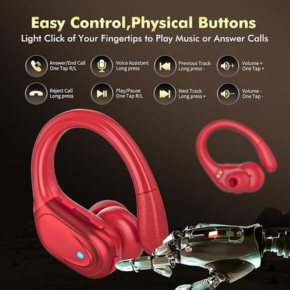 Wireless Earbuds, Sports Bluetooth Headphones, 80Hrs Playtime Ear Buds with LED Power Display, Noise Canceling Headset, IPX7 Waterproof Earphones for Workout/Running (Red)
