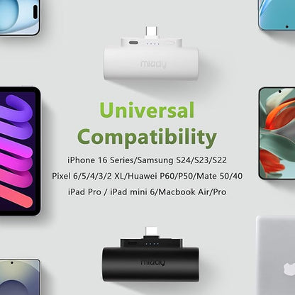 Miady 2-Pack 5000mAh Mini Portable Charger with Built-in Type C Connector, 5V 2.4A USB-C Output Fast Charging Small Power Bank Compatible with iPhone 17/16 Galaxy S24/S22 iPad (2 White)