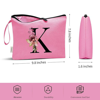 Vavabox A-Z Personalized Makeup Bag, Birthday Gifts for Women Mom, Gifts for Best Friend, Bride Bridesmaid Cosmetic bag (K, Peach)