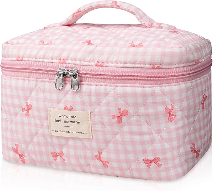 Large Makeup Bag, Cute Cosmetic Bag for Women Girls, Floral Coquette Aesthetic Toiletry Bag, Travel Make Up Organizer Bag (Pink Plaid Butterfly Flower）