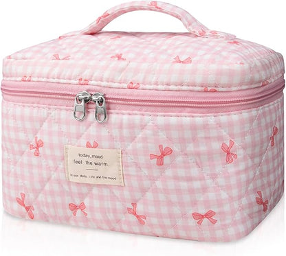 Large Makeup Bag, Cute Cosmetic Bag for Women Girls, Floral Coquette Aesthetic Toiletry Bag, Travel Make Up Organizer Bag (Pink Plaid Butterfly Flower）