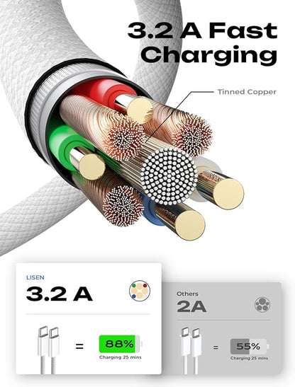 LISEN USB C Cable, 5-Pack [3.3/3.3/6.6/6.6/10FT] USBC to USBC Cable for iPhone 16e 15 Pro Max Charger Cord, 60W (3.1A) C to C Cable Fast Charging for Samsung S25/S24/23, Switch 2, iPad, MacBook