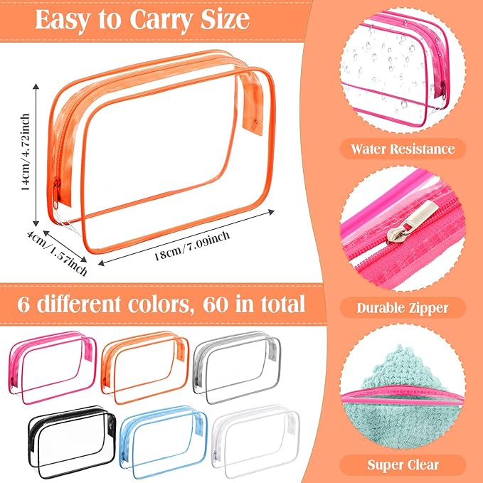 Cunno 60 Pcs Clear Toiletry Bag TSA Approved Cosmetic Bag Bulk Makeup Bag Travel Carry Airport Airline Compliant Bag for Women Men Summer Vacation Salon Mother Gift(Vivid Color)