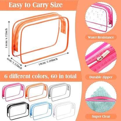 Cunno 60 Pcs Clear Toiletry Bag TSA Approved Cosmetic Bag Bulk Makeup Bag Travel Carry Airport Airline Compliant Bag for Women Men Summer Vacation Salon Mother Gift(Vivid Color)