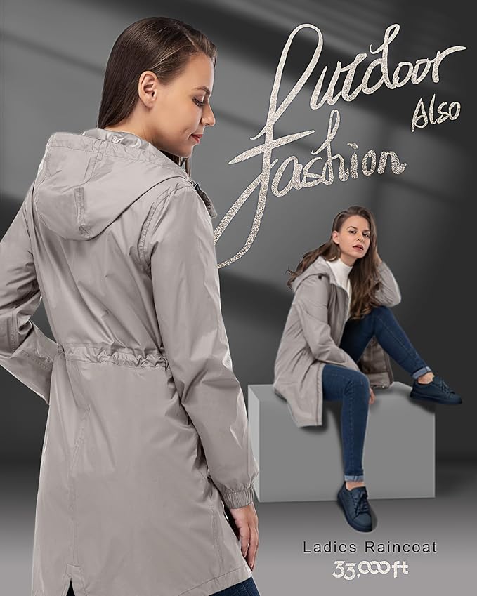 33,000ft Women's Waterproof Long Rain Coats Packable Rain Jacket with Hood Trench Coats Windbreaker
