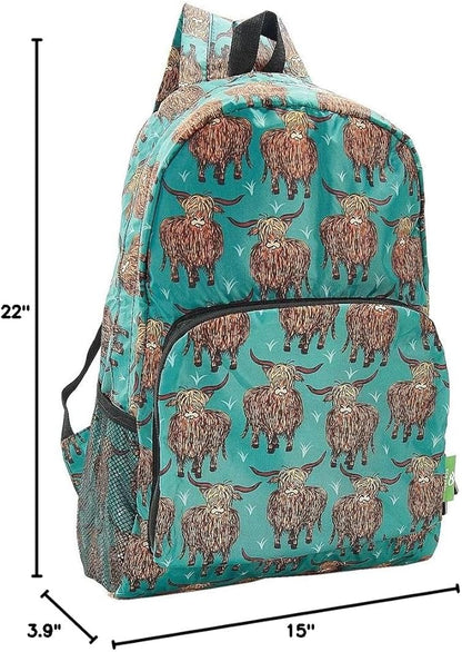 ECO CHIC Hiking Lightweight Packable Backpack - Foldable Daypack for Travel & Hiking & Outdoor Adventures - Waterproof Backpack from Recycled Materials (Highland Cow Teal)