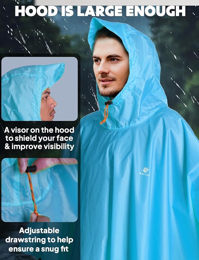 ANYOO Hooded Rain Poncho for Adults Waterproof Lightweight Rain Coat for Men Women Reusable Rain Jacket for Emergency Outdoor