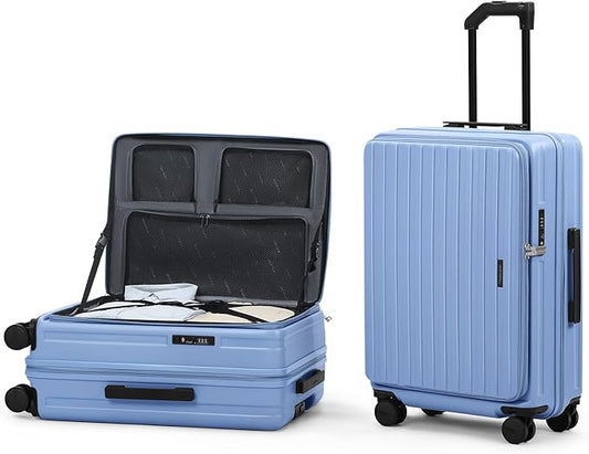 ROAMING 26-Inch Checked Luggage Expandable Front Opening Rolling Vacation Suitcase with Spinner Wheels and TSA Lock Cup Holder, PC Hard Shell Travel Trolley Case for Shout Business Trips Blue