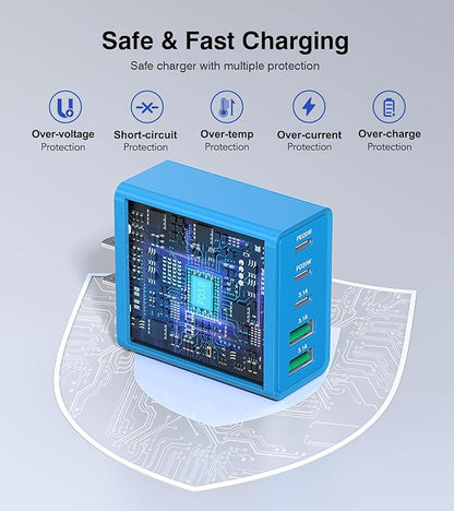 [60W/2Pack] Wall Charger, USB C Charger Block, 5-Port PD + QC 3.0 Fast Charging Power Plug Adapter Brick for Watch Series 10 9 8 7, for iPhone 17 16 15 14 13 Pro Max Airpod, Samsung Galaxy S25(Blue)