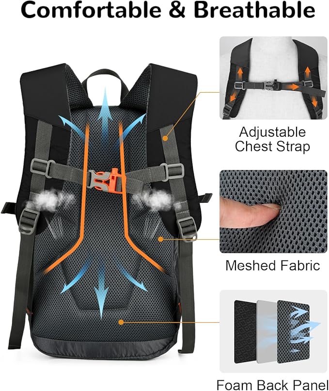 15L Small Padded Hiking Backpack with Chest Strap for Men, Lightweight Waterproof Daypack for Travel, Black