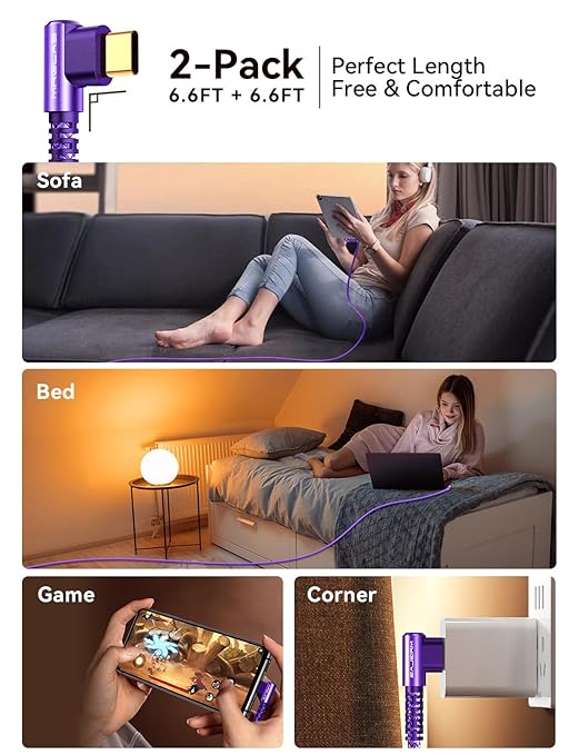 MRGLAS USB A to USB C Cable 3.2A 2-Pack [90°, Gold-Plated] 6.6+6.6FT Type C Charger Right Angle Nylon Braided Fast Charge Cable for iPhone 16 15 Galaxy S10 S9 Plus S21 Note 10 LG - Purple