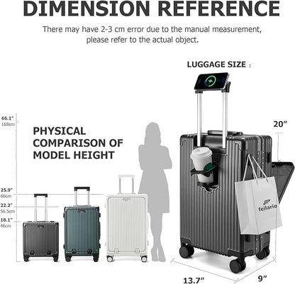 feilario 20in Aluminium Frame Zipperless PC Hard Shell Spinner Wheels Luggage, Built-In TSA lock Carry on Suitcase, with Cup Holder, USB Port, Phone Holder