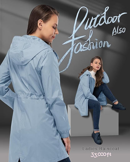 33,000ft Women's Waterproof Long Rain Coats Packable Rain Jacket with Hood Trench Coats Windbreaker