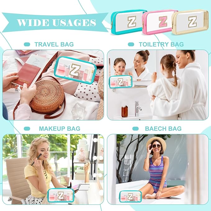 Personalized Initial Letter Clear Makeup Bag,Preppy Small Nylon&PVC Cosmetic Zipper Bag with Chenille Letter,Portable Beach Travel Skincare Toiletry Bag,Trendy Monogram Gift for Teen Girls Women,Z