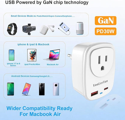Type C Plug Adapter, VooLerTun Frence Germany Travel Adapter with 30W Fast Charge Power Adapter Dual Ports Compatible iPhone 17/16 Series, 1 American Outlet Adapter, US Converter for European Travel