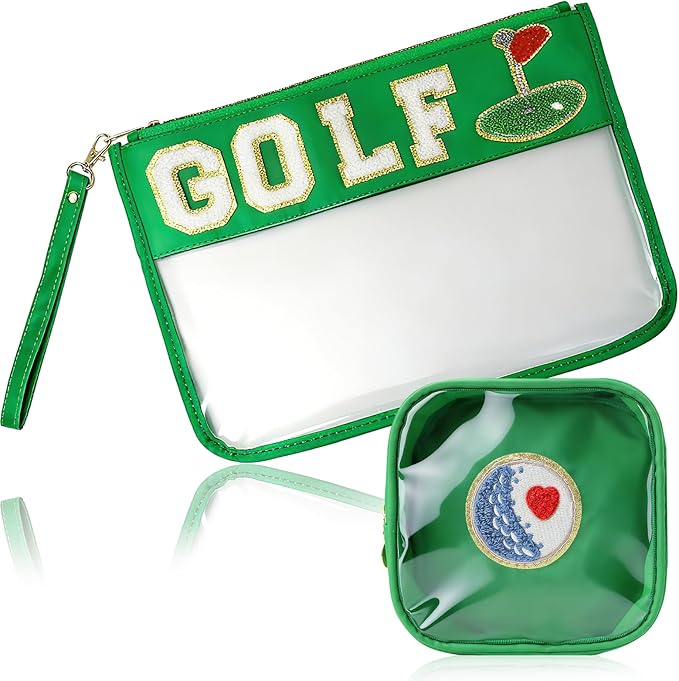 2 Pcs Golf Gifts Makeup Bag with Chenille Letter Patch,with Handles Golf PVC Waterproof Clear Makeup Bag,Portable Toiletry Storage Bag,Players & Fans Birthday, Team or Sports Lover Presents